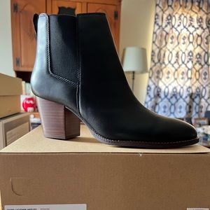 Brand new in the box, J Crew black leather booties, women’s size 10.